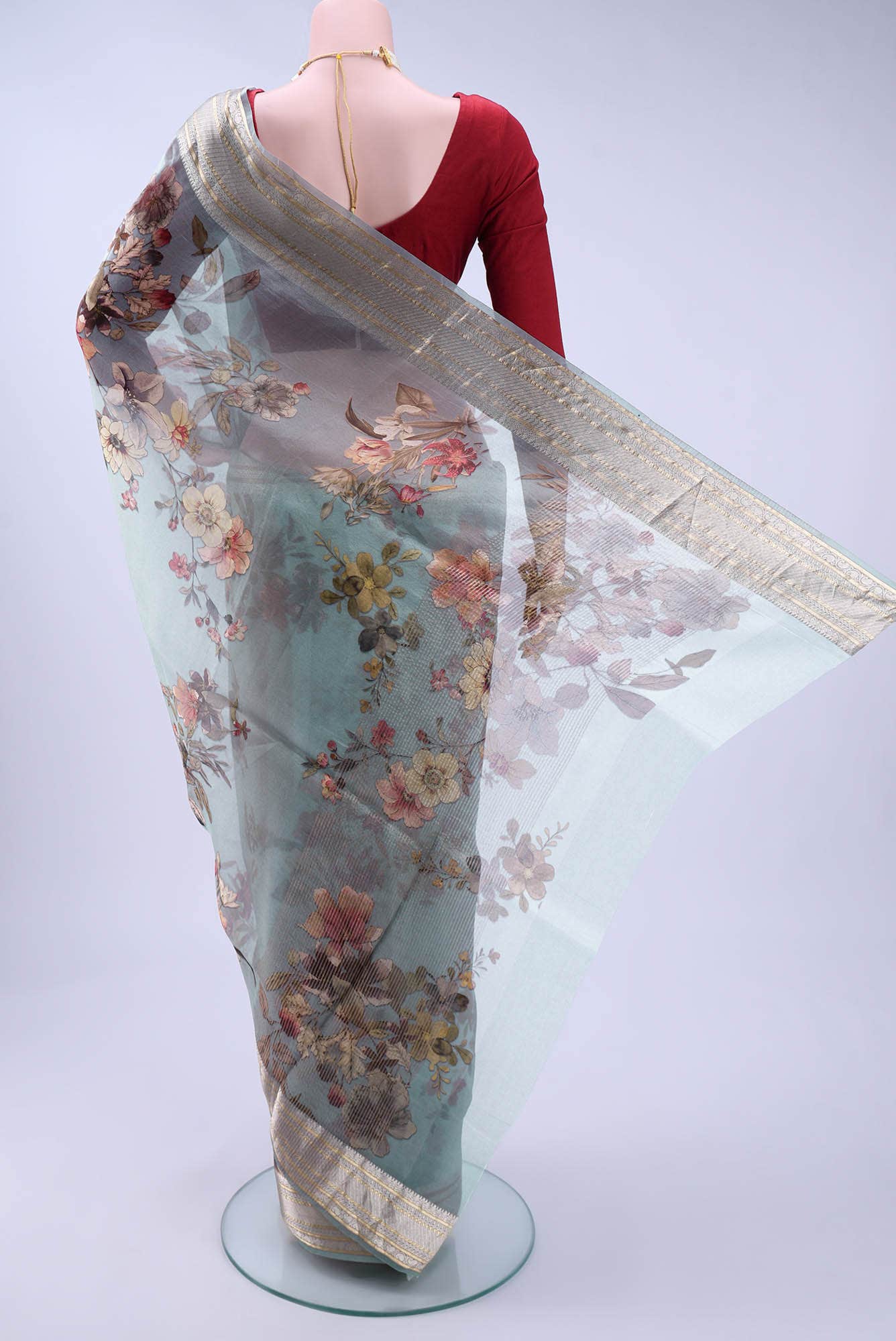 Blue Grey Organza Silk Saree