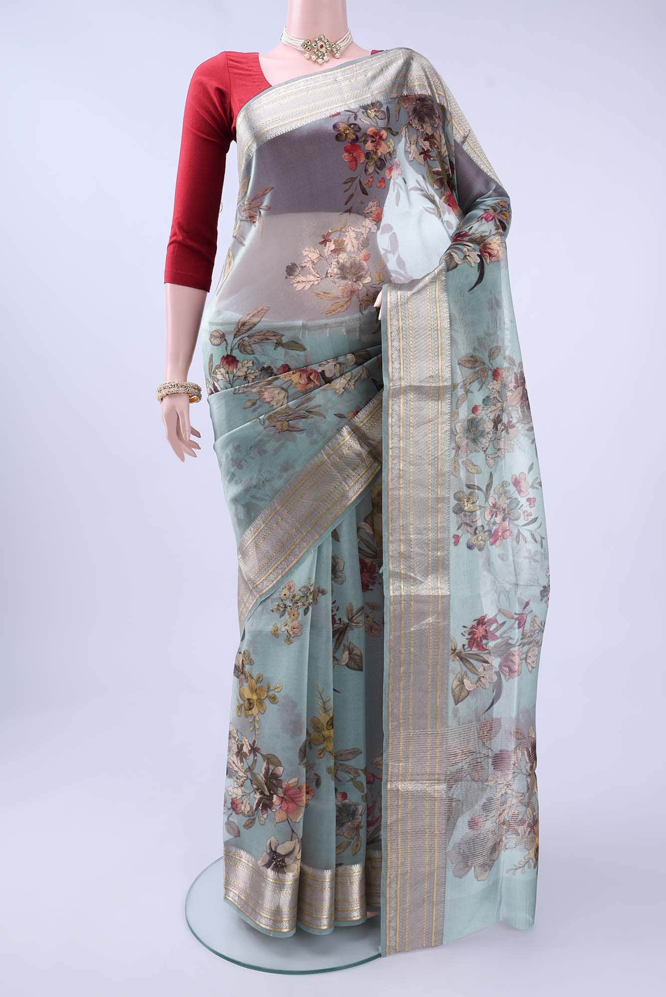 Blue Grey Organza Silk Saree