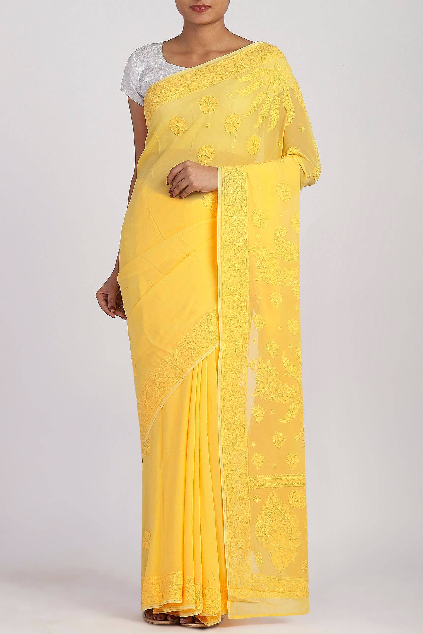 Yellow Chikankari Georgette Saree