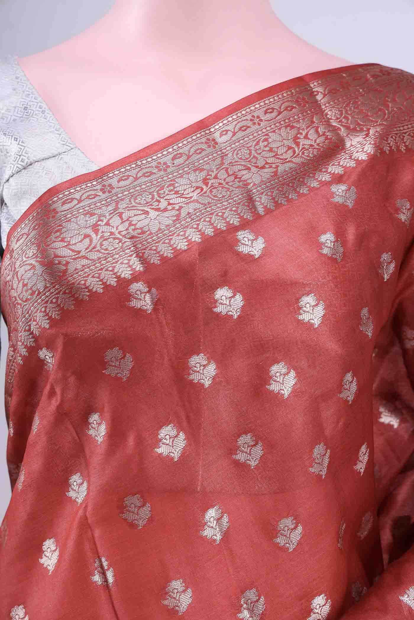 Deep Red Banarasi Tussar Silk Saree