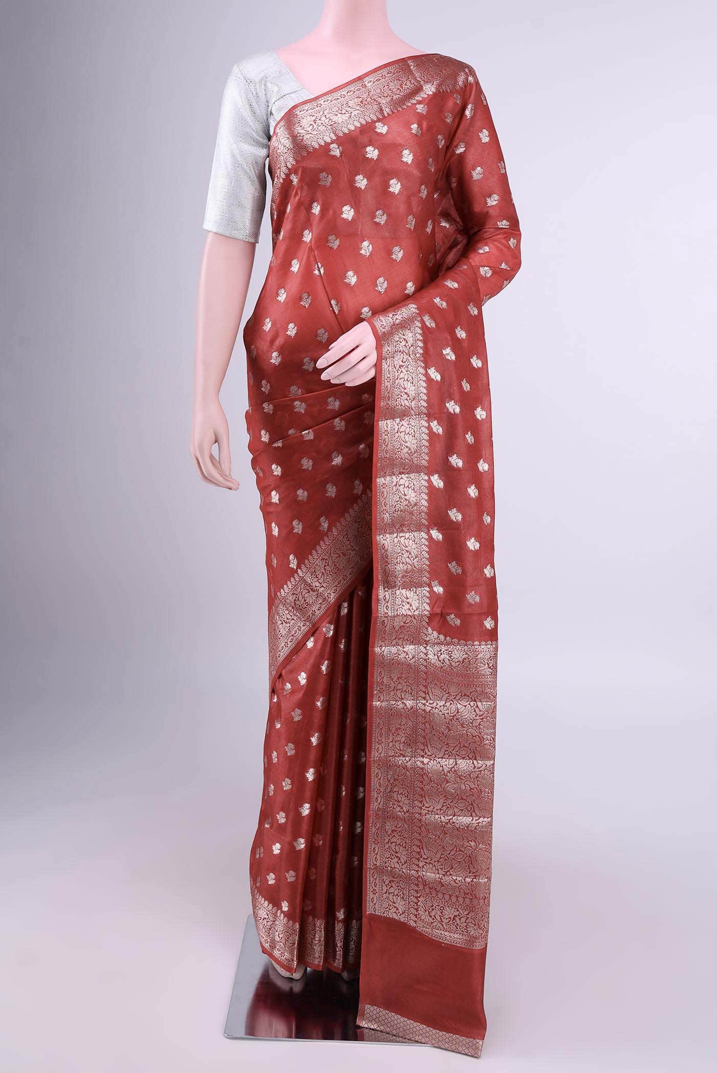 Deep Red Banarasi Tussar Silk Saree