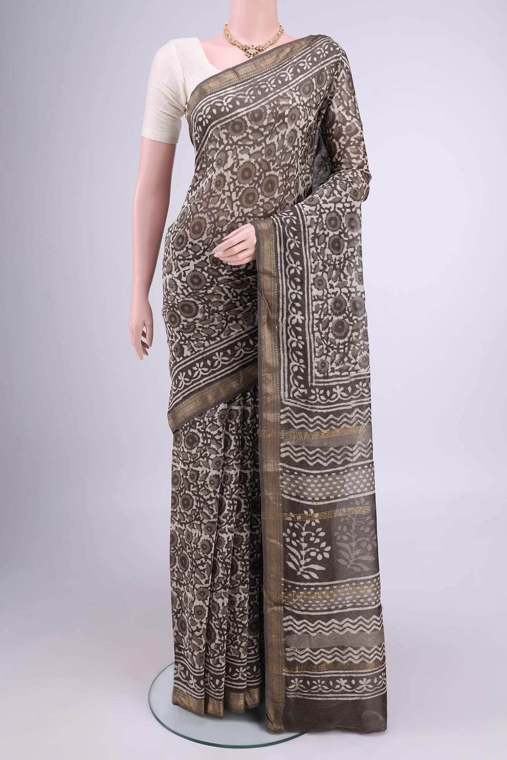 gray with white Dual Tone Maheshwari Silk Saree
