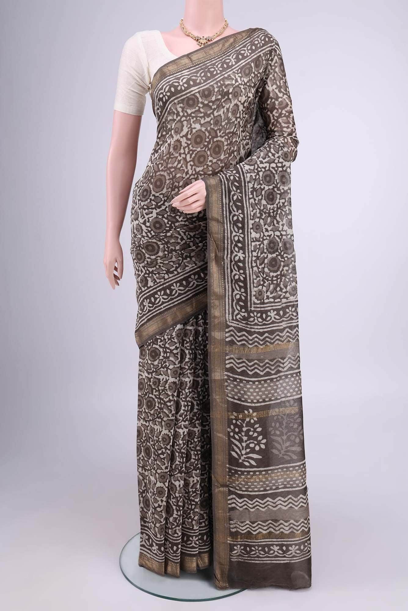 gray with white Dual Tone Maheshwari Silk Saree