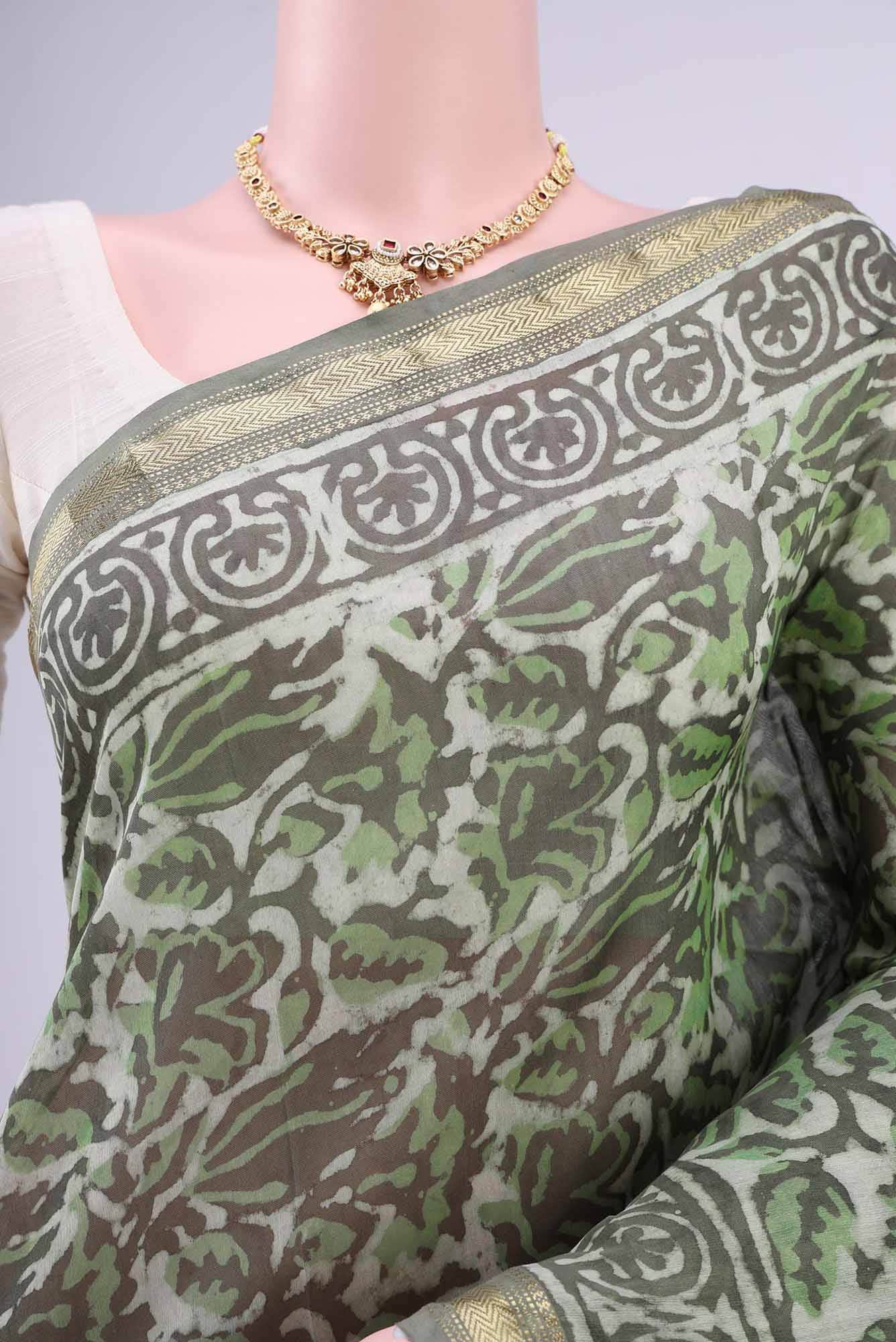 gray with green white Dual Tone Maheshwari Silk Saree