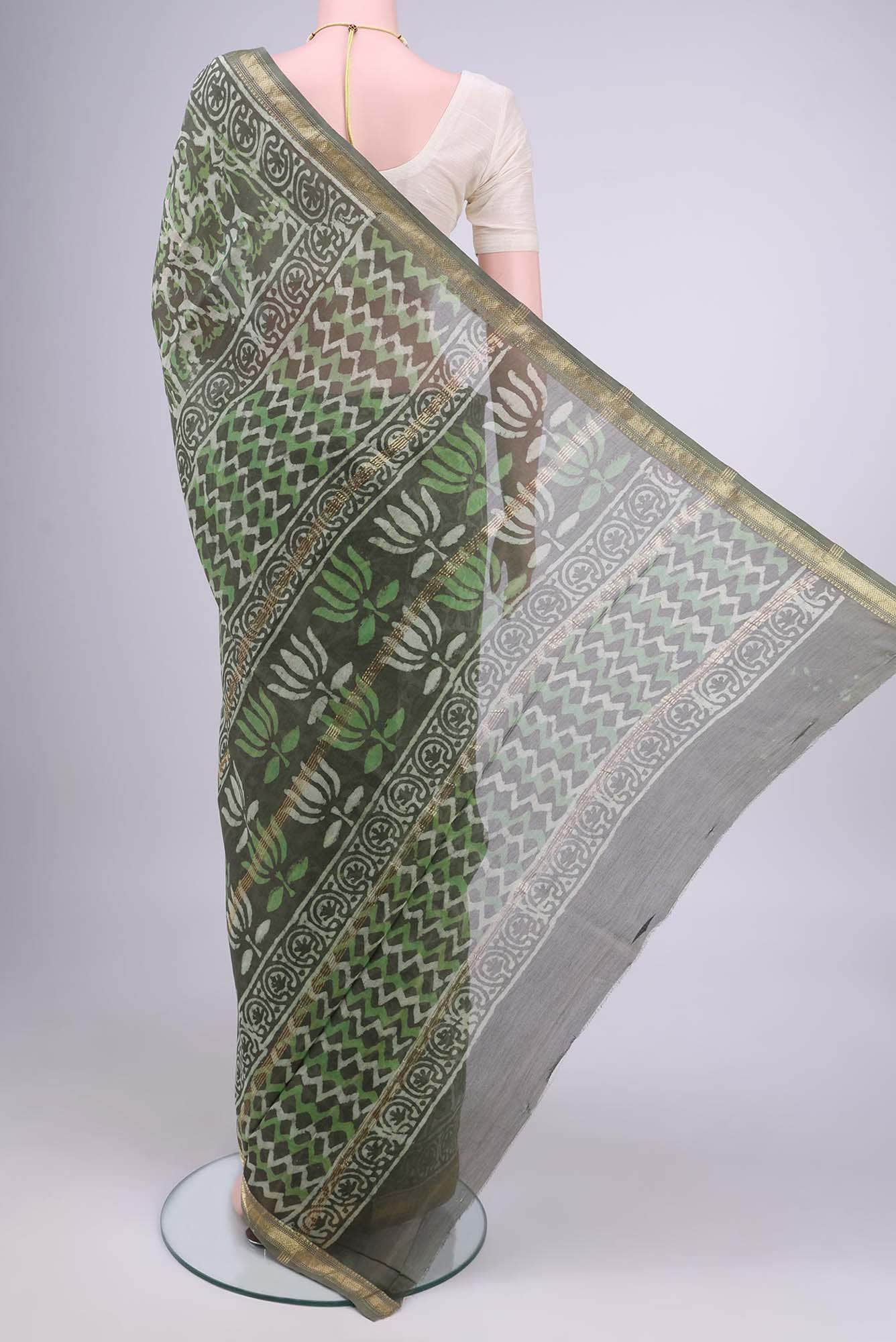 gray with green white Dual Tone Maheshwari Silk Saree