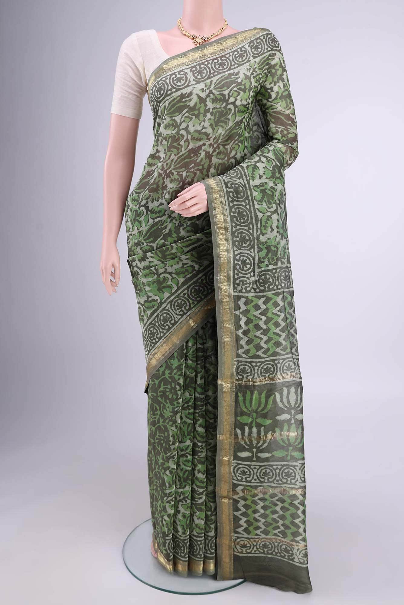 gray with green white Dual Tone Maheshwari Silk Saree