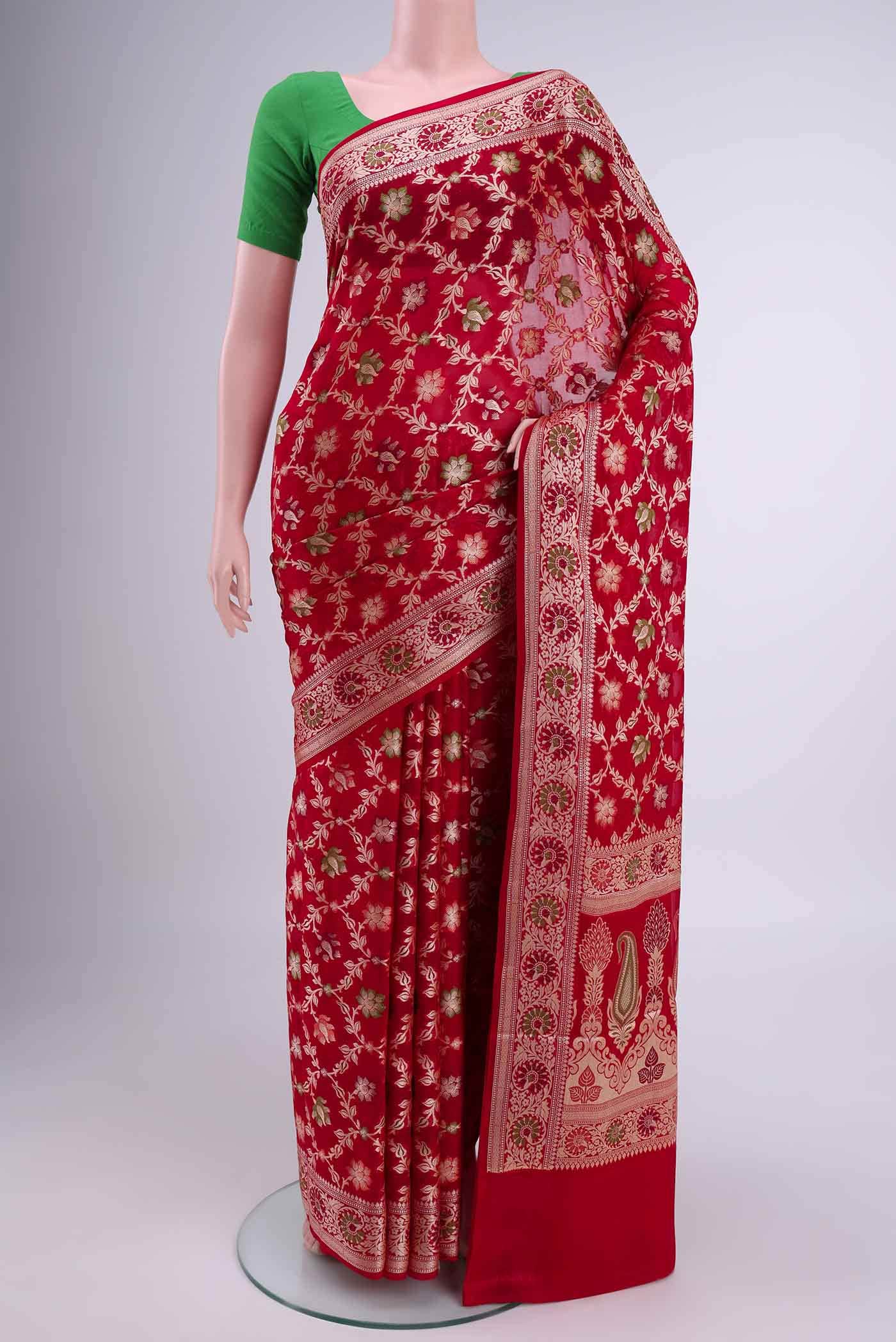 Deep Red Blended Georgette Saree
