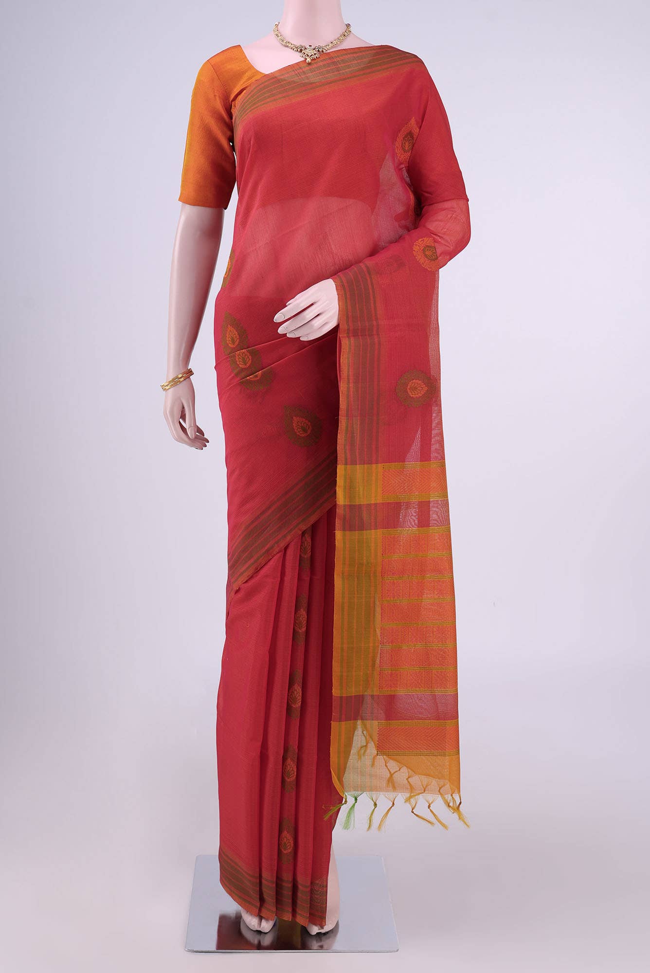 Pinkish Yellow Kora Cotton Saree