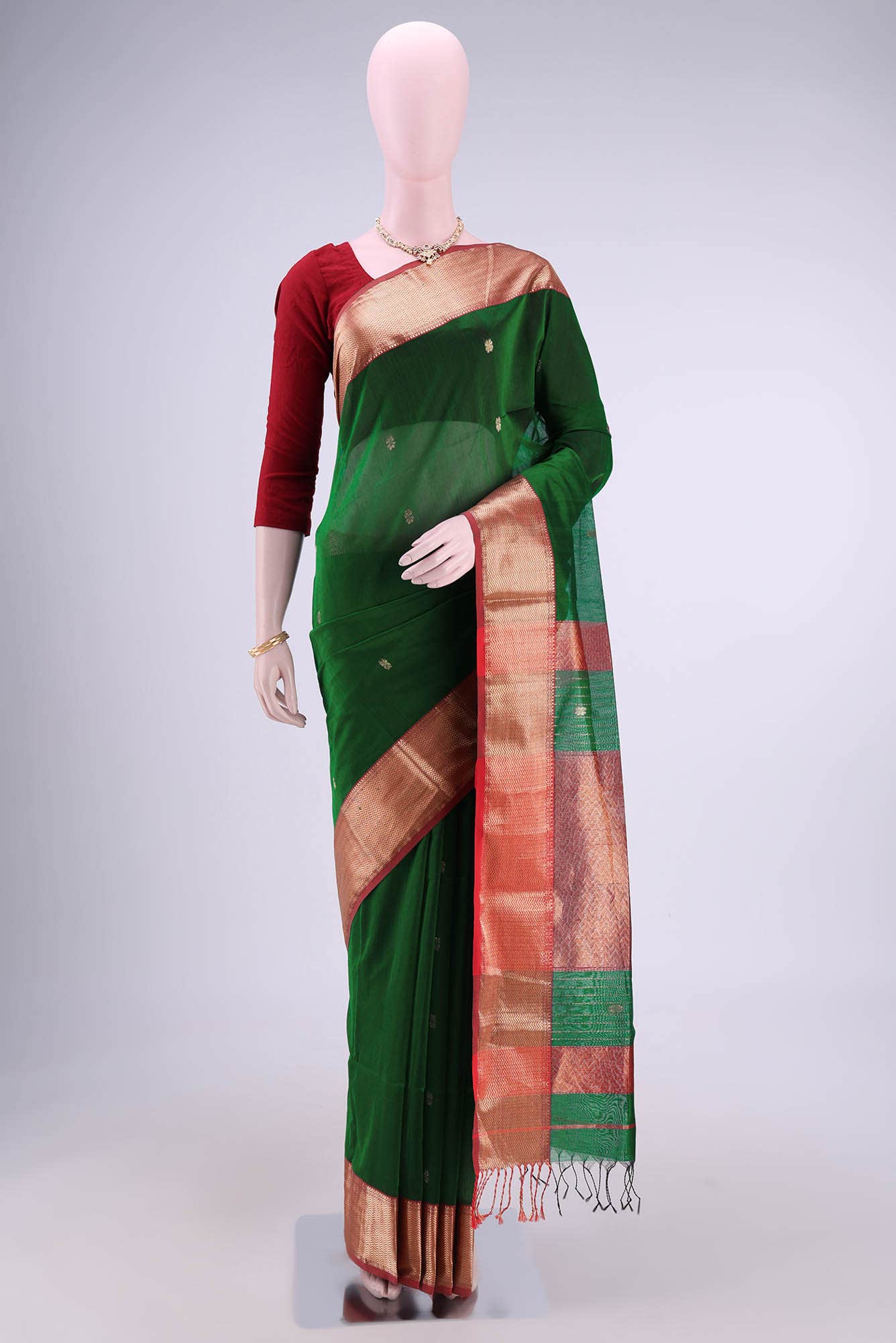 Bottle Green Maheshwari Silk Saree