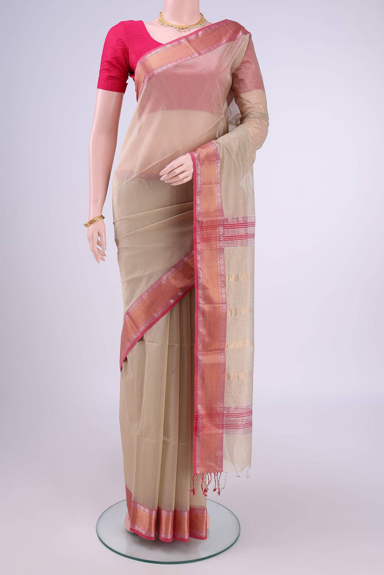 Beige Maheshwari Silk Saree