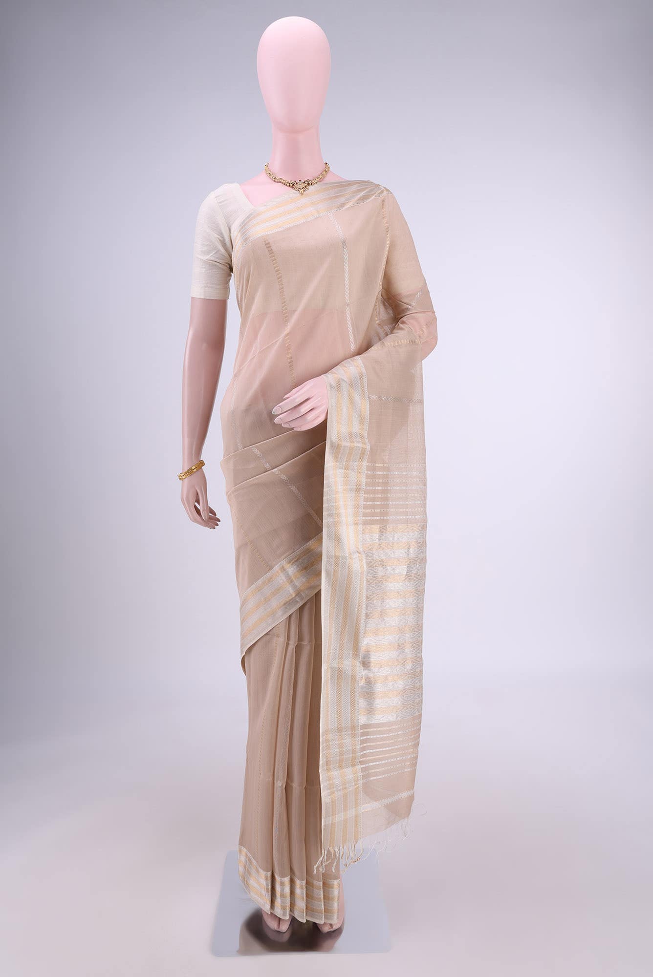 Beige Maheshwari Silk Saree