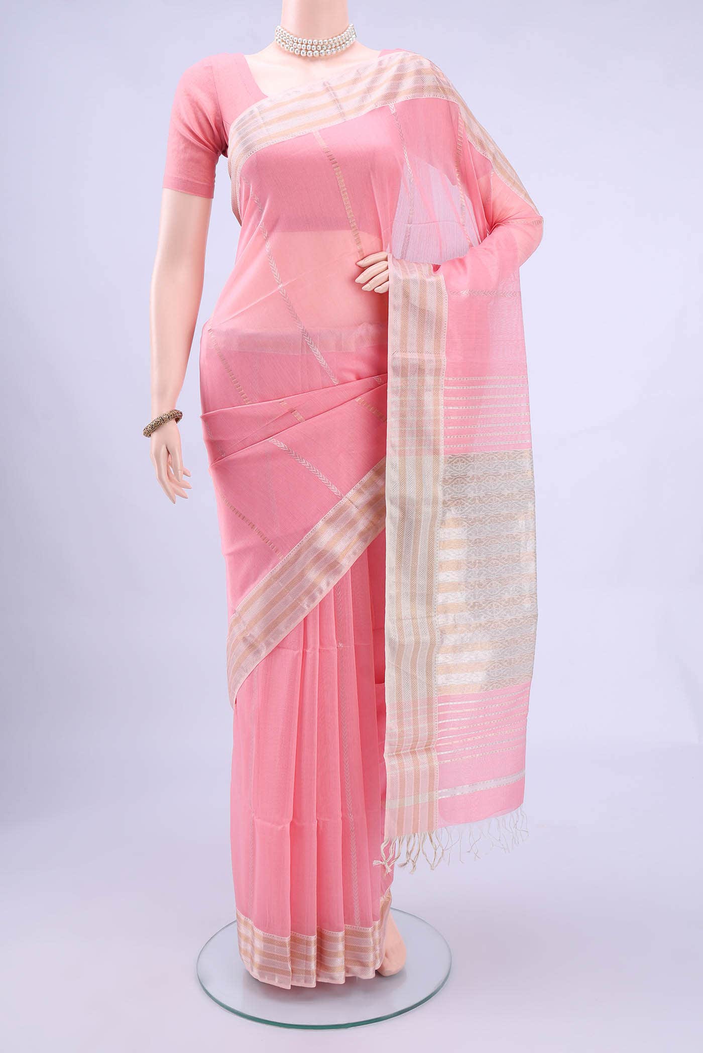 Rose pink Maheshwari Silk Cotton Saree