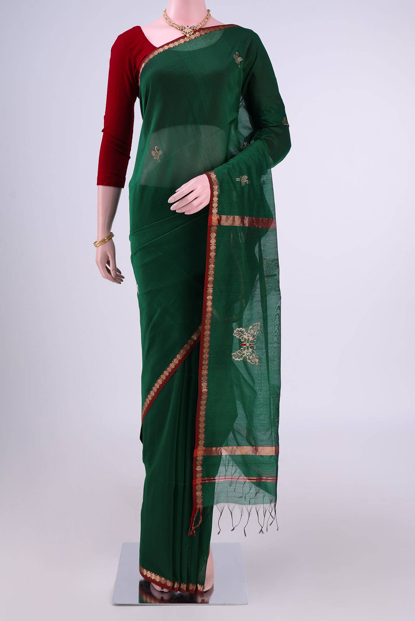 Bottle Green Maheshwari Silk Saree
