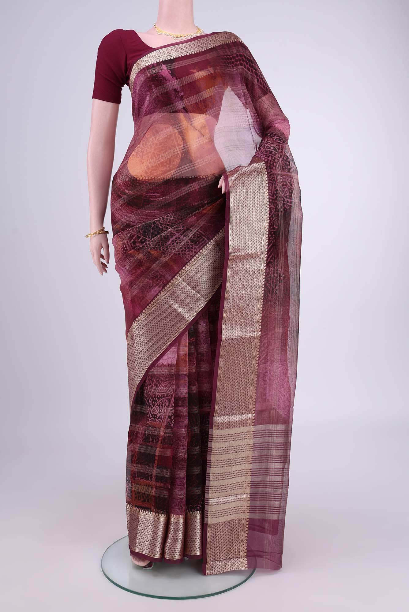 Burgundy Organza Silk Saree