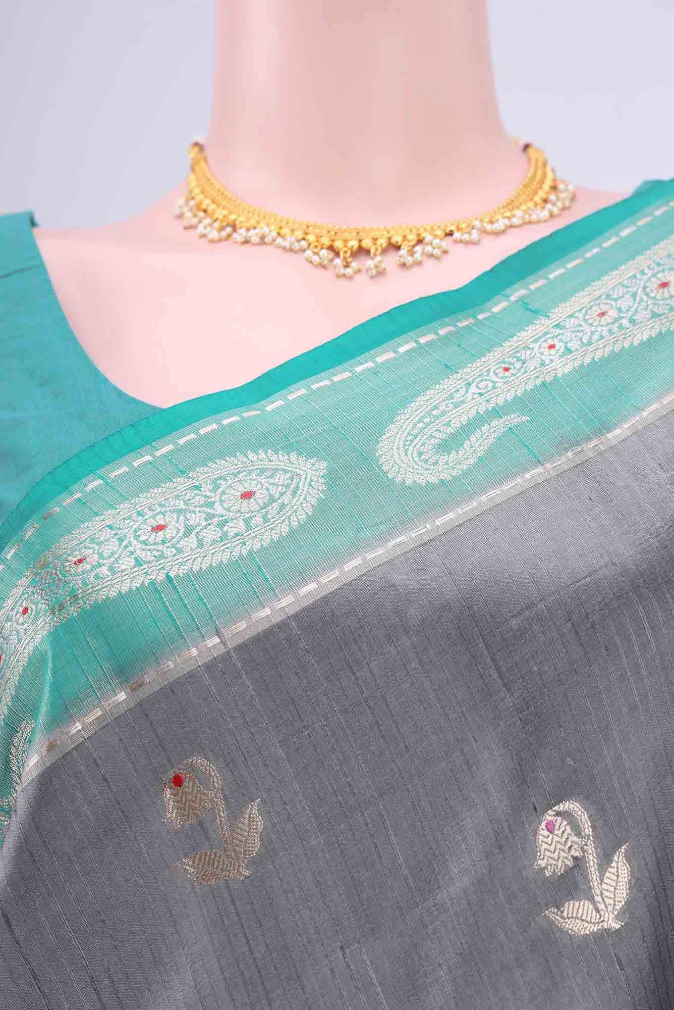 Blue Grey Banarasi Raw Silk Saree