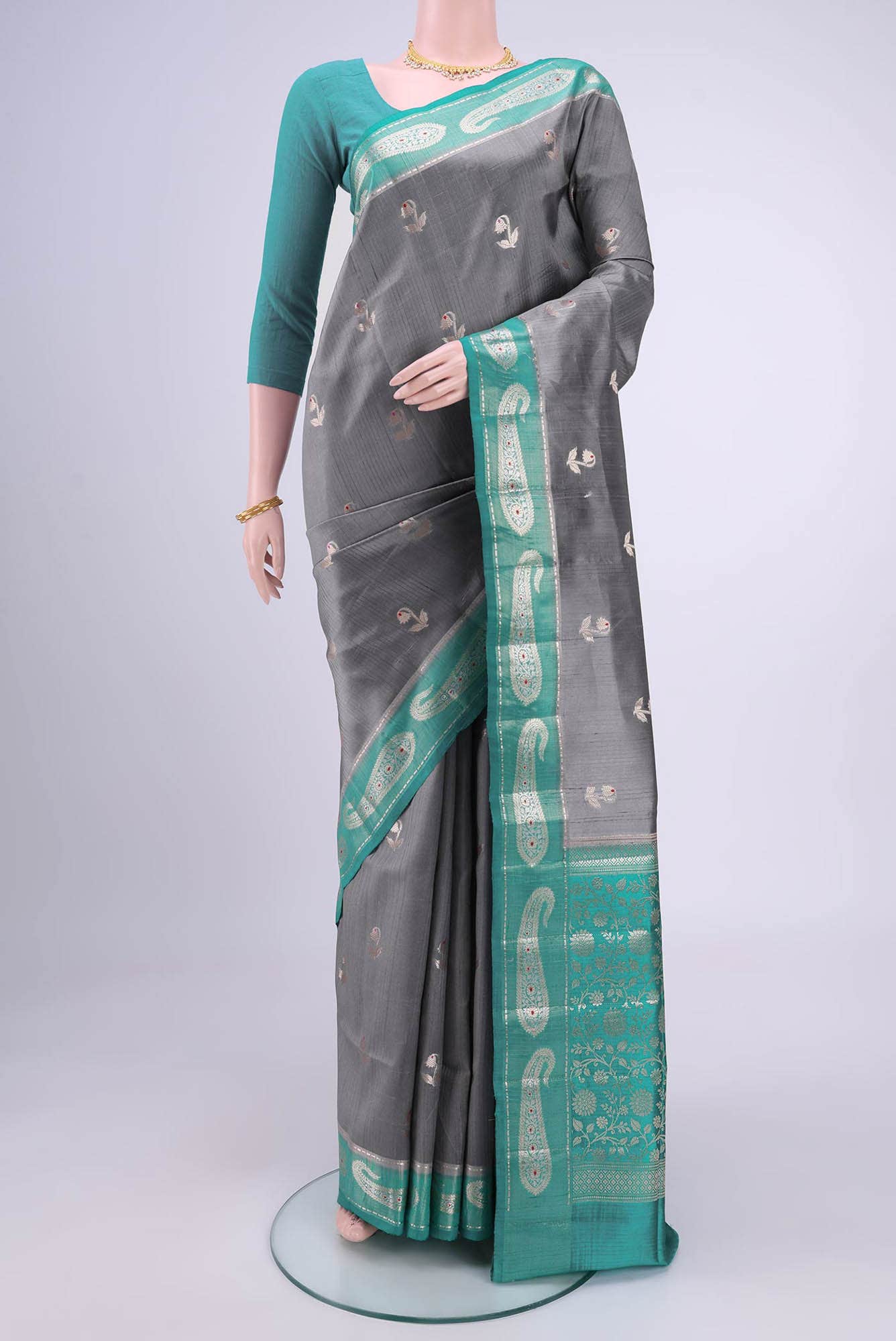 Blue Grey Banarasi Raw Silk Saree