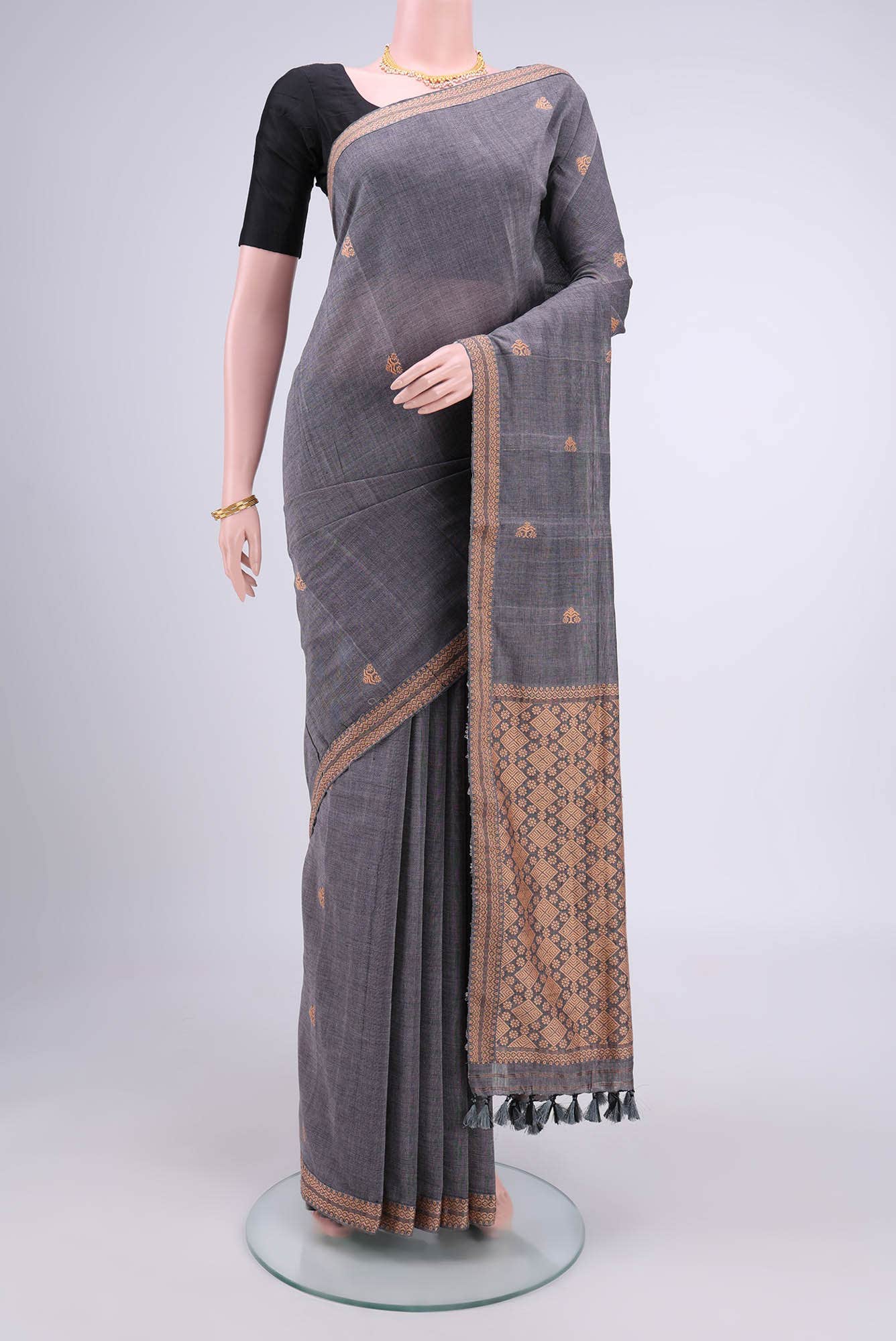 Blue Grey Assam Cotton Saree