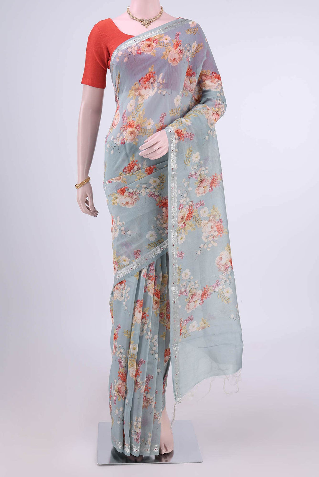 Blue Grey Chanderi Silk Saree