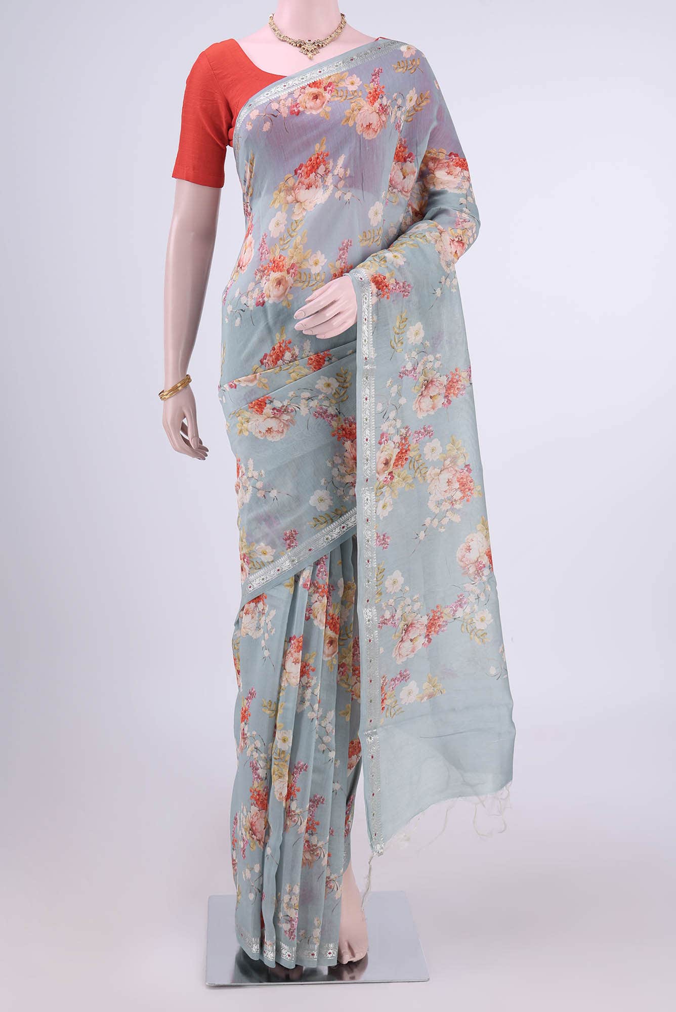 Blue Grey Chanderi Silk Saree