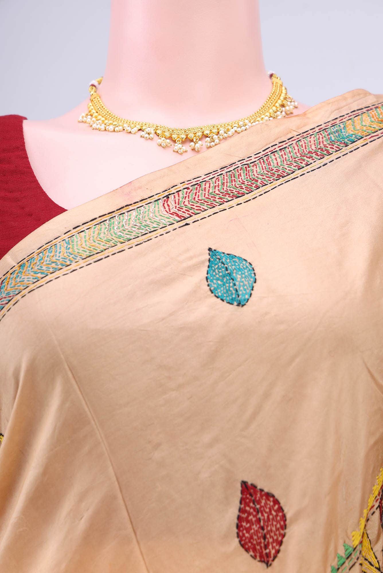 Cream Kantha Silk Saree