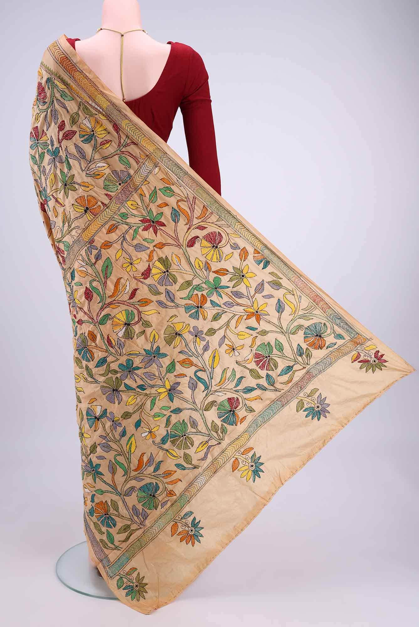 Cream Kantha Silk Saree