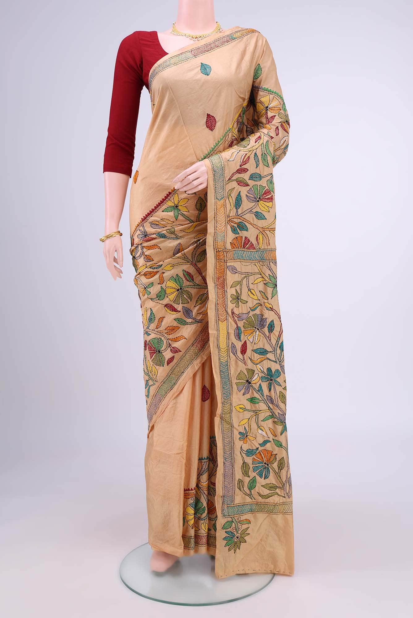 Cream Kantha Silk Saree