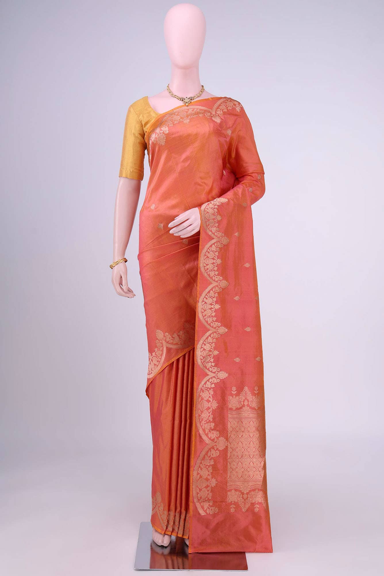 Golden Peach Banarasi Katan Silk Saree