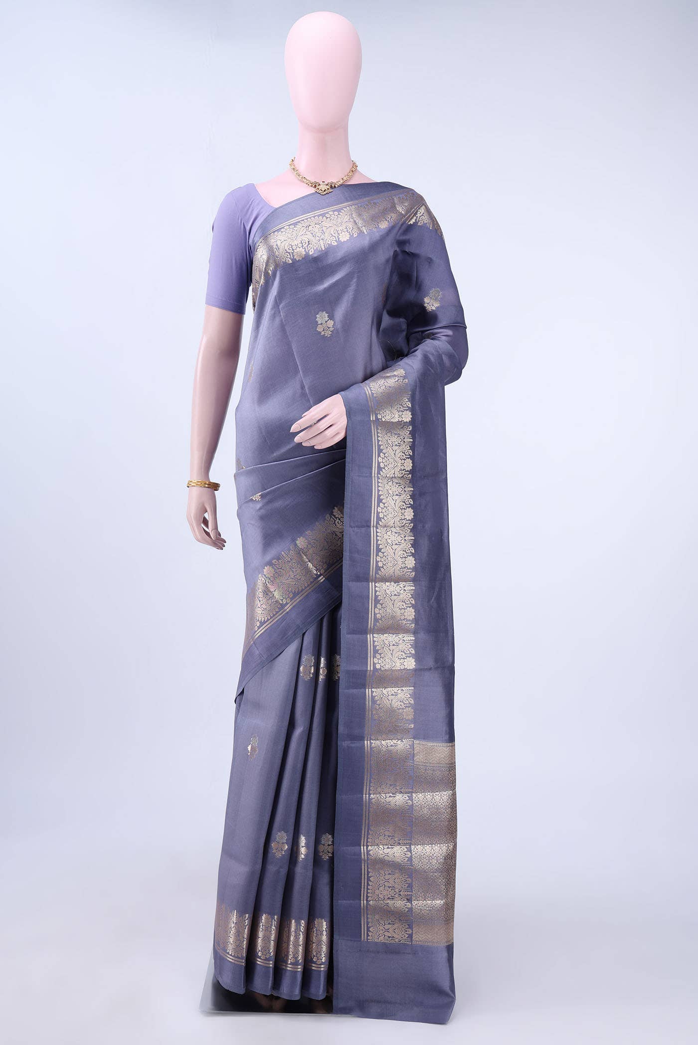 Blue Grey Banarasi Raw Silk Saree