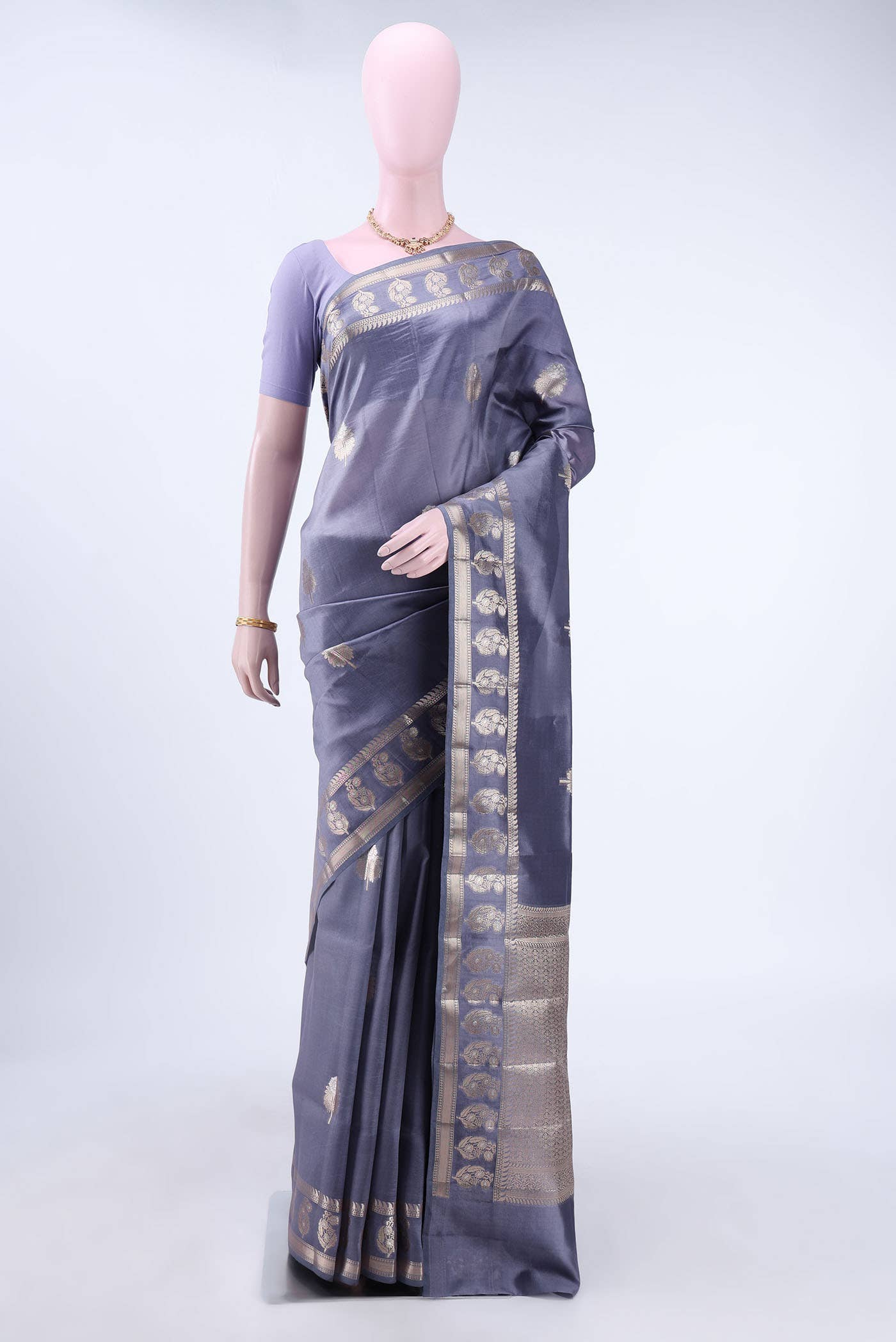 Blue Grey Banarasi Raw Silk Saree
