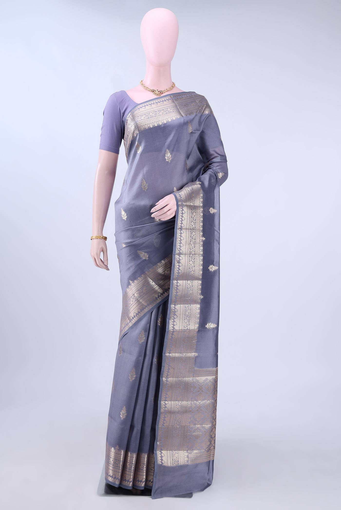 Blue Grey Banarasi Raw Silk Saree
