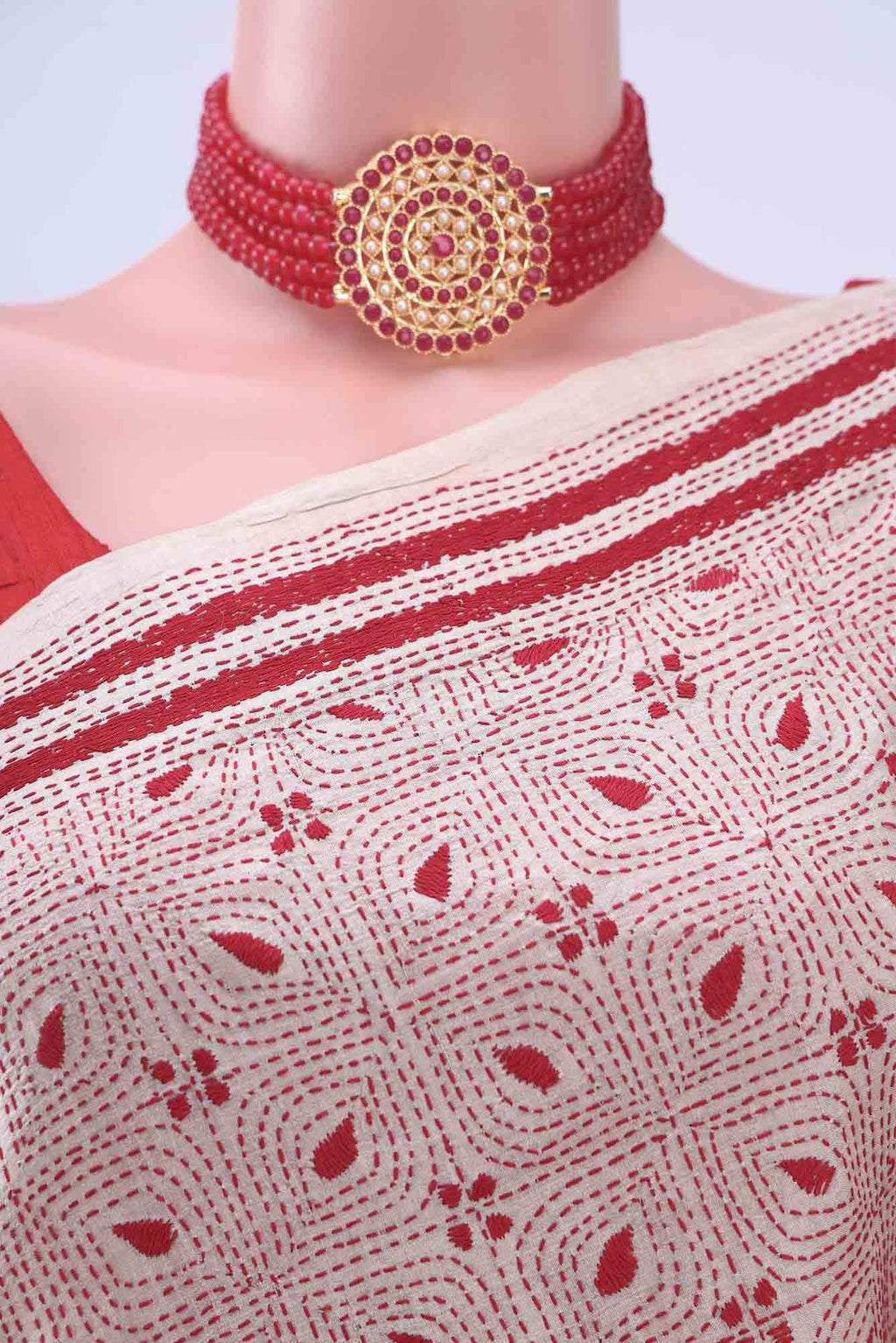 Beige Kantha Silk Saree