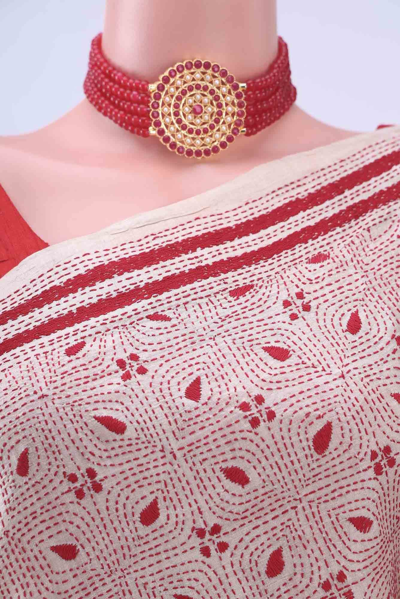 Beige Kantha Silk Saree