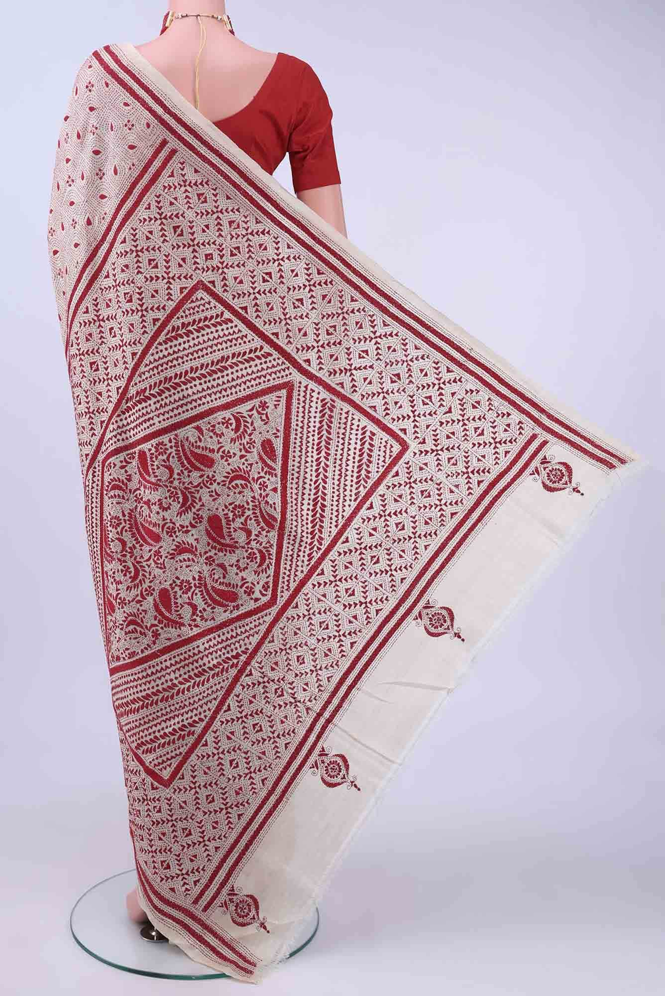Beige Kantha Silk Saree