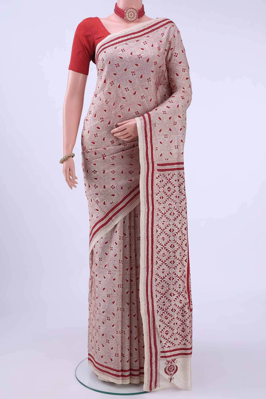Beige Kantha Silk Saree
