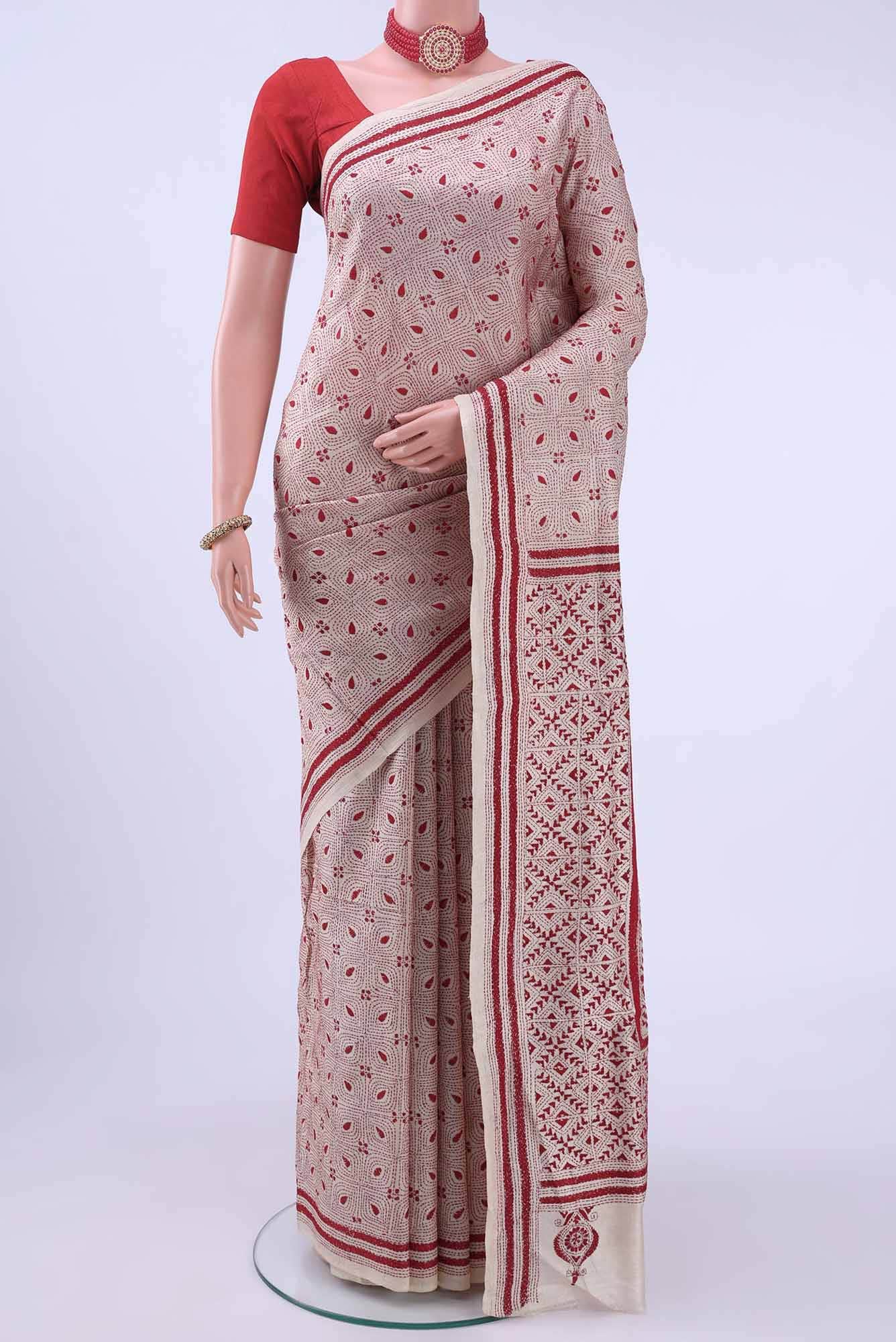 Beige Kantha Silk Saree
