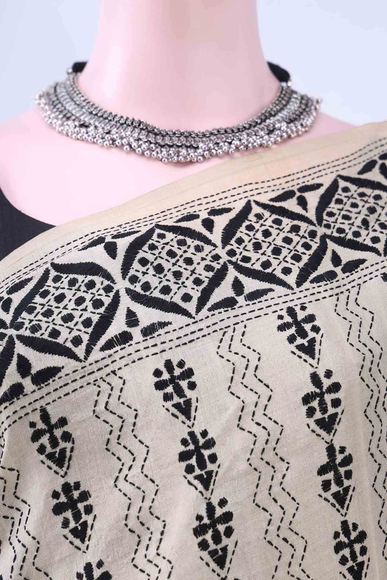 Beige Kantha Silk Saree