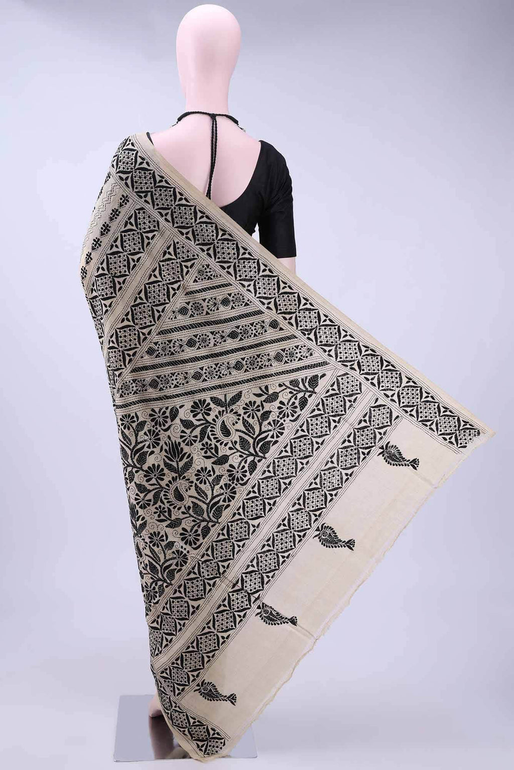 Beige Kantha Silk Saree