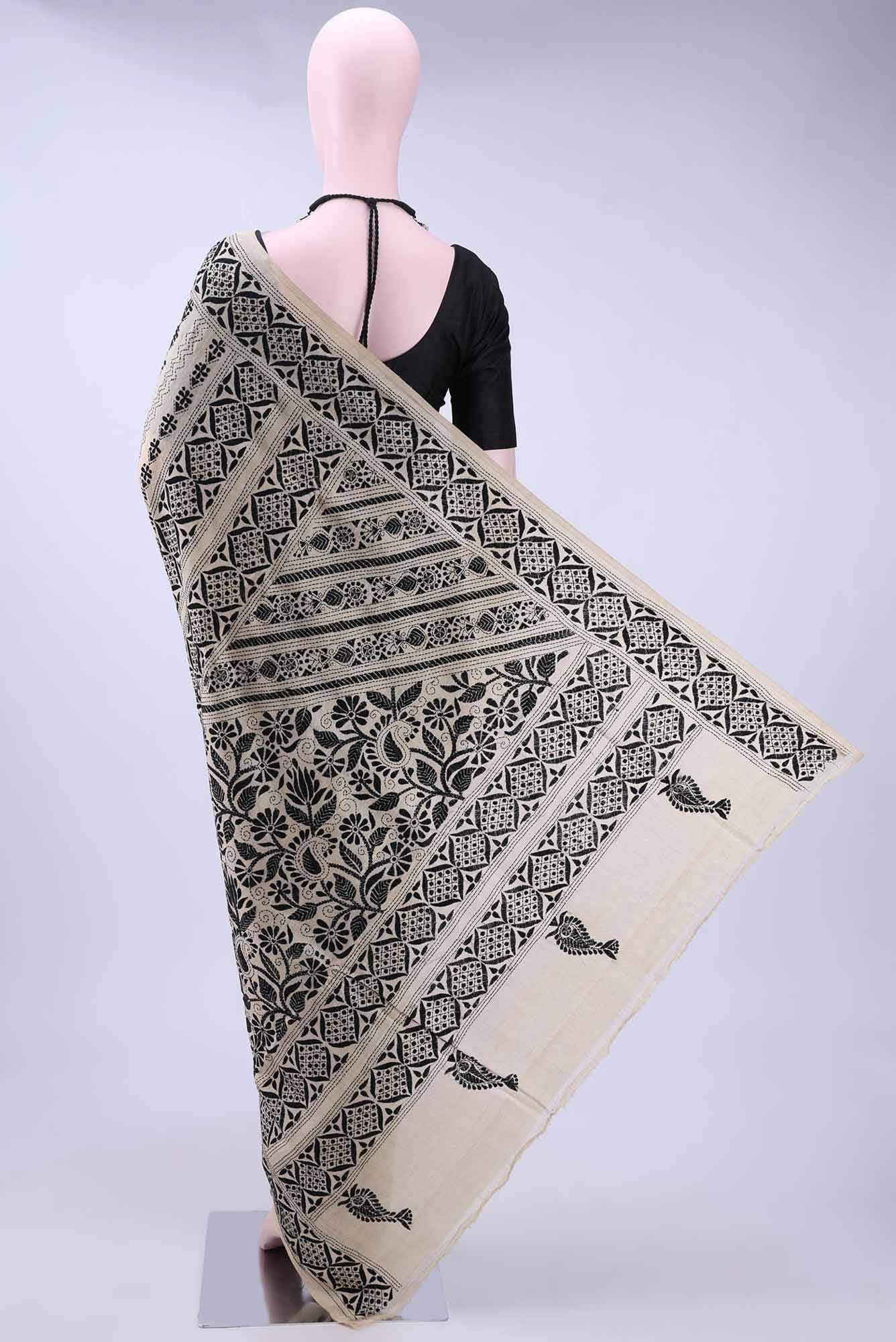 Beige Kantha Silk Saree