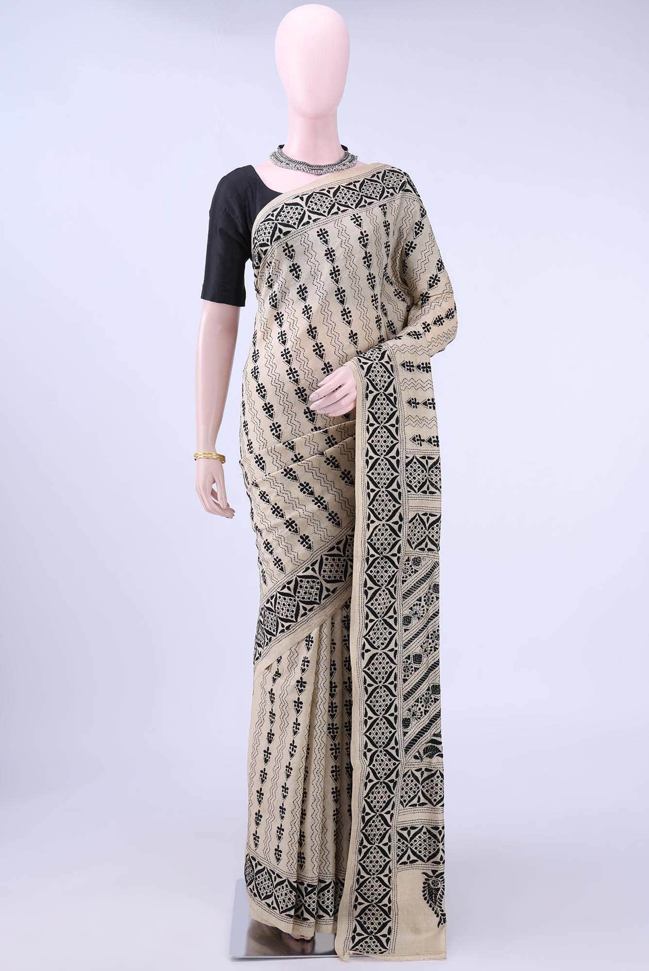 Beige Kantha Silk Saree