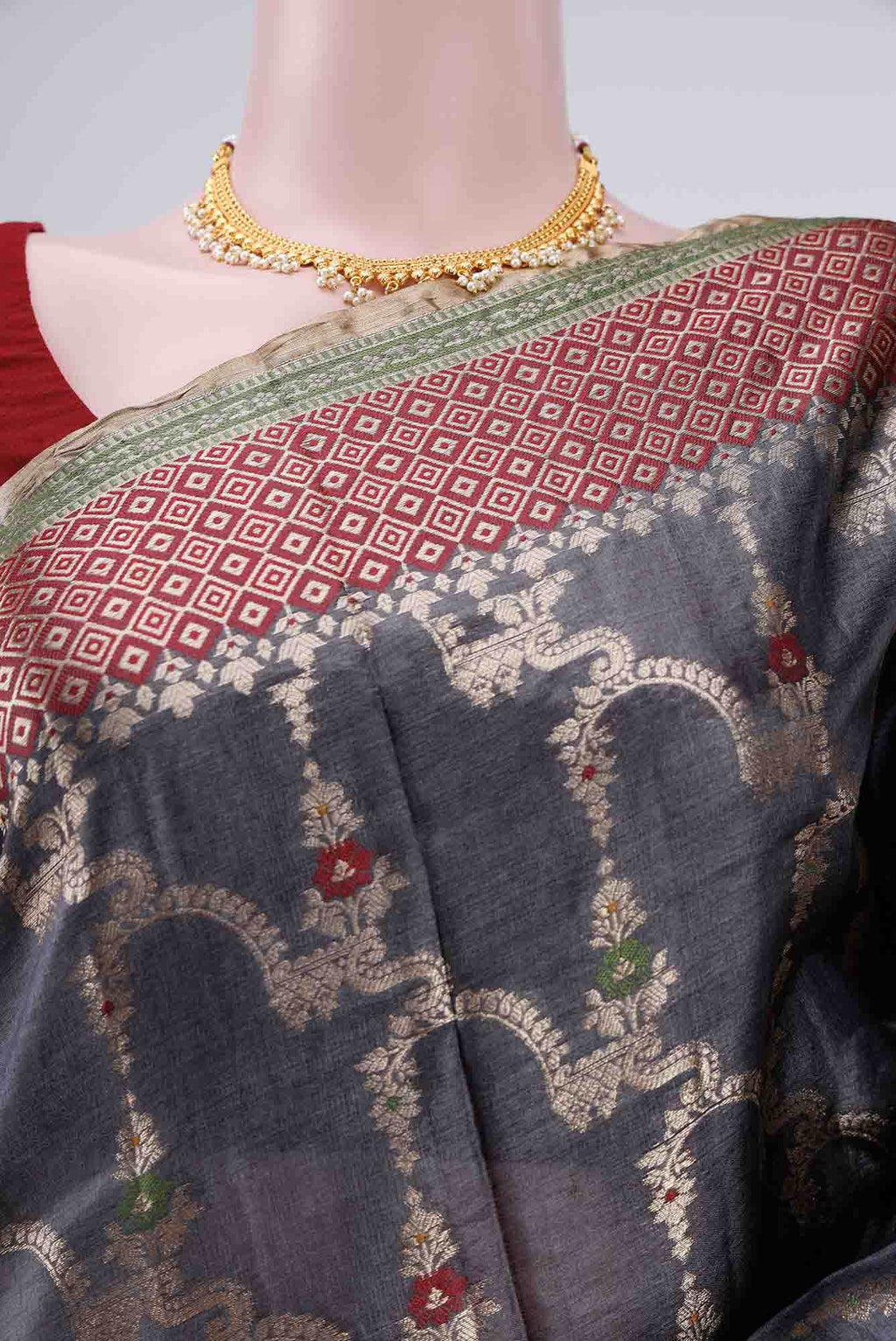 Blue Grey Banarasi Tussar Silk Saree