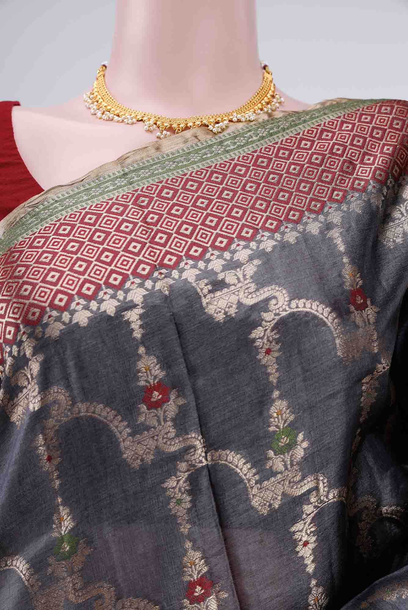 Blue Grey Banarasi Tussar Silk Saree