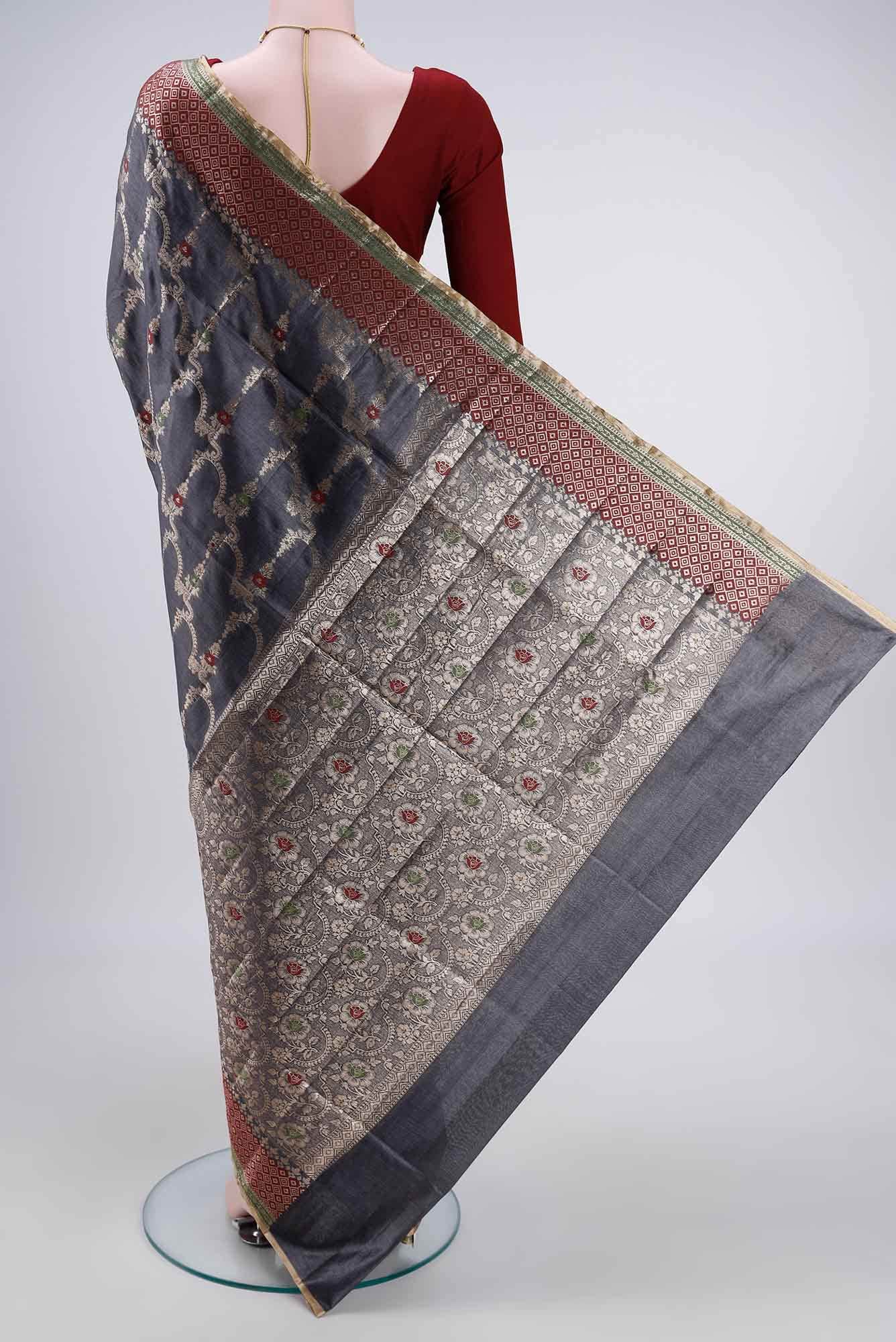 Blue Grey Banarasi Tussar Silk Saree
