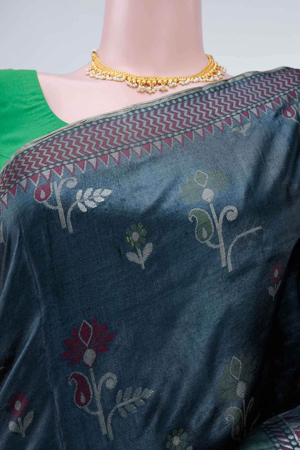 Blue Grey Banarasi Tussar Silk Saree