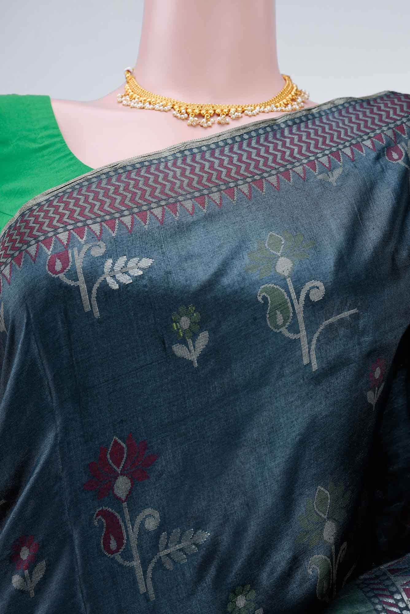 Blue Grey Banarasi Tussar Silk Saree