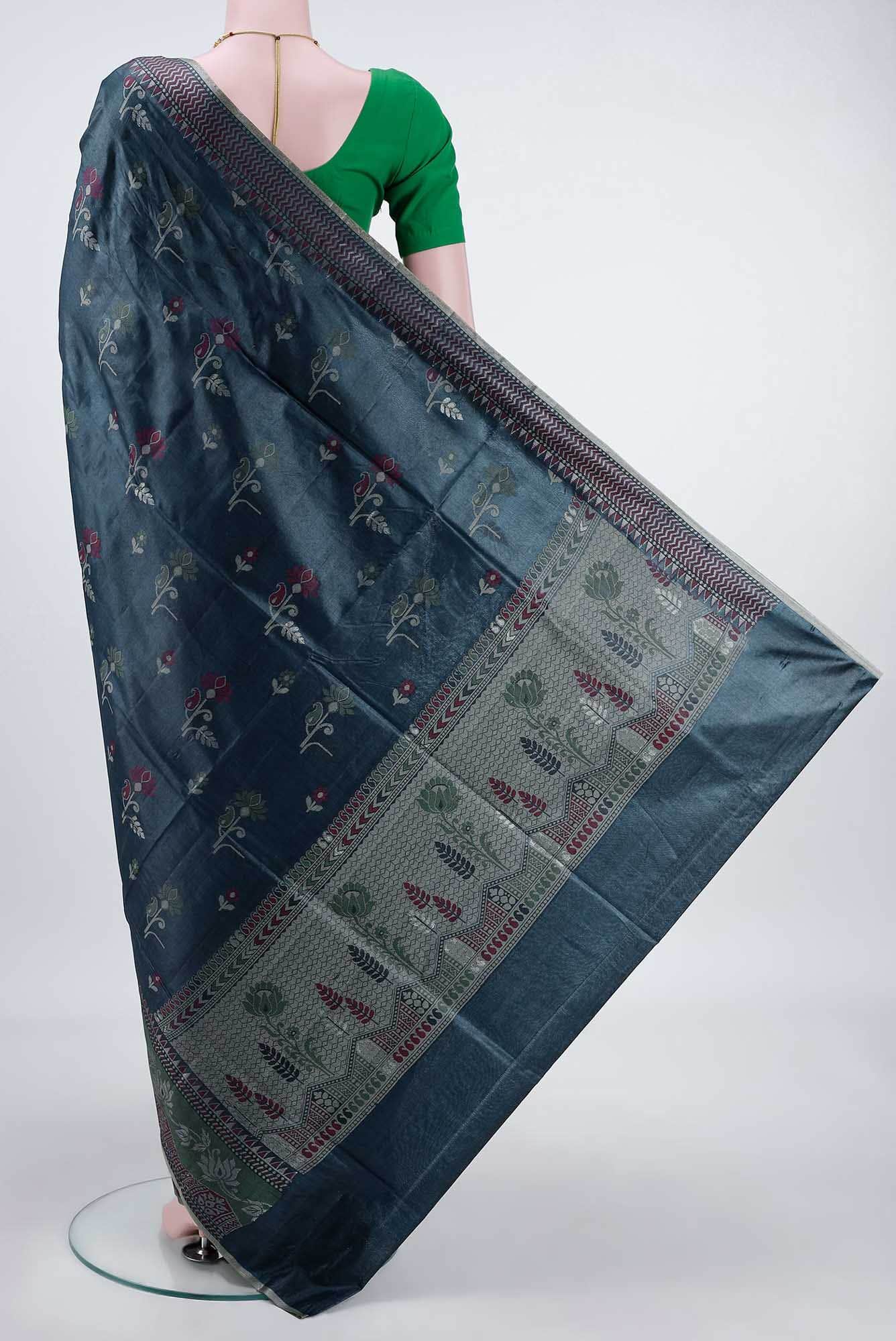 Blue Grey Banarasi Tussar Silk Saree