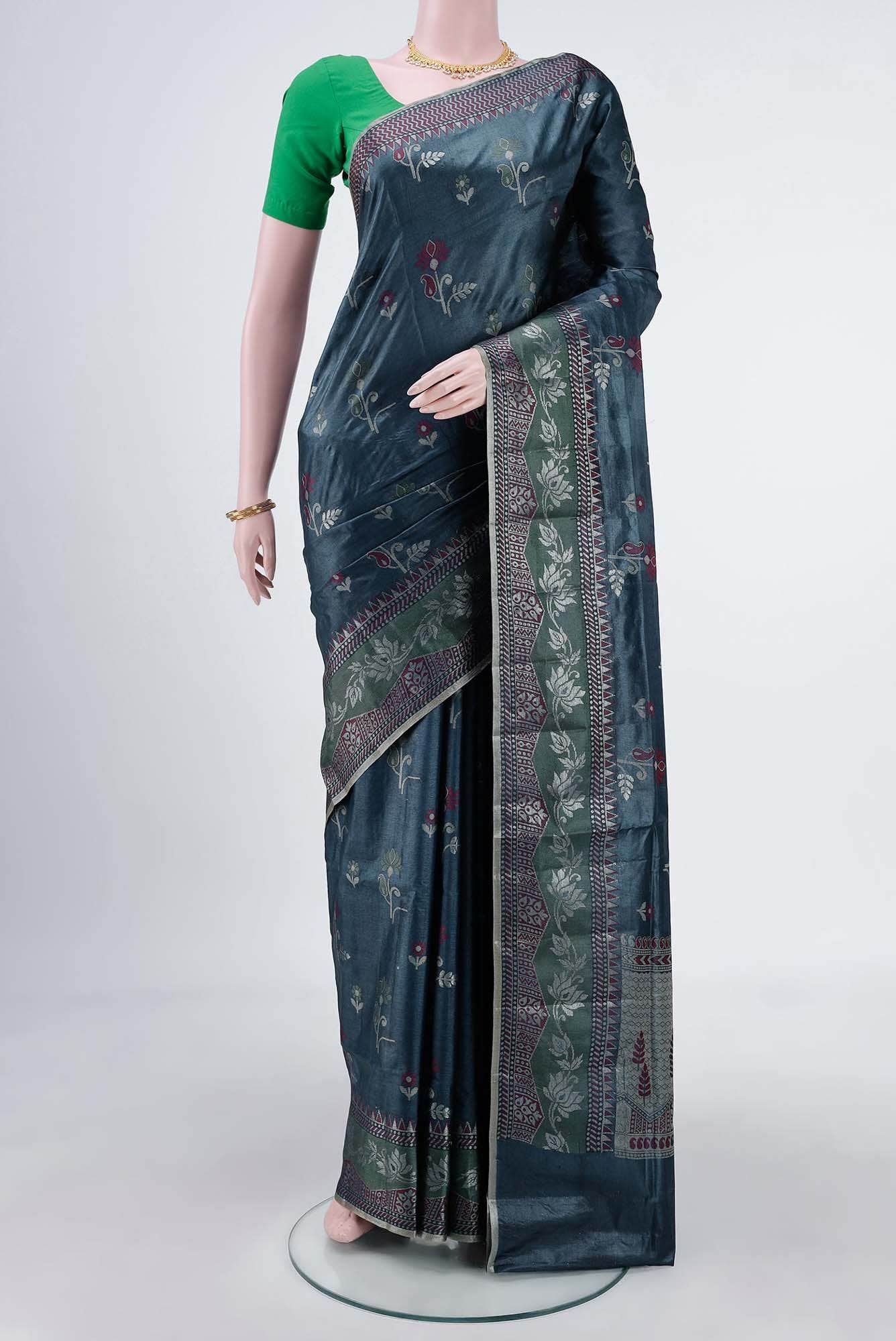 Blue Grey Banarasi Tussar Silk Saree
