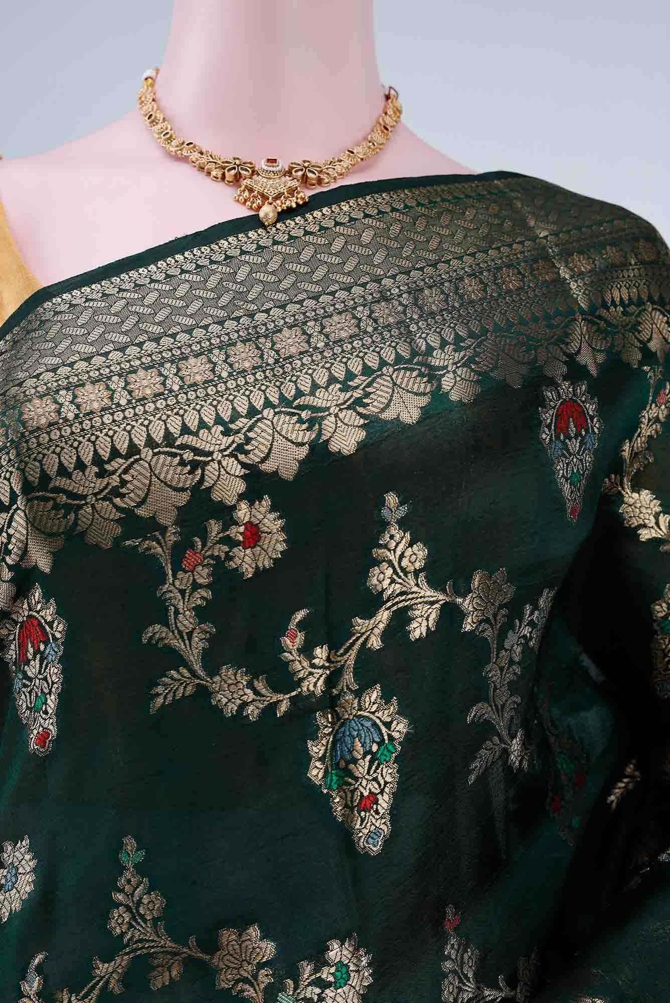 Bottle Green Banarasi Raw Silk Saree