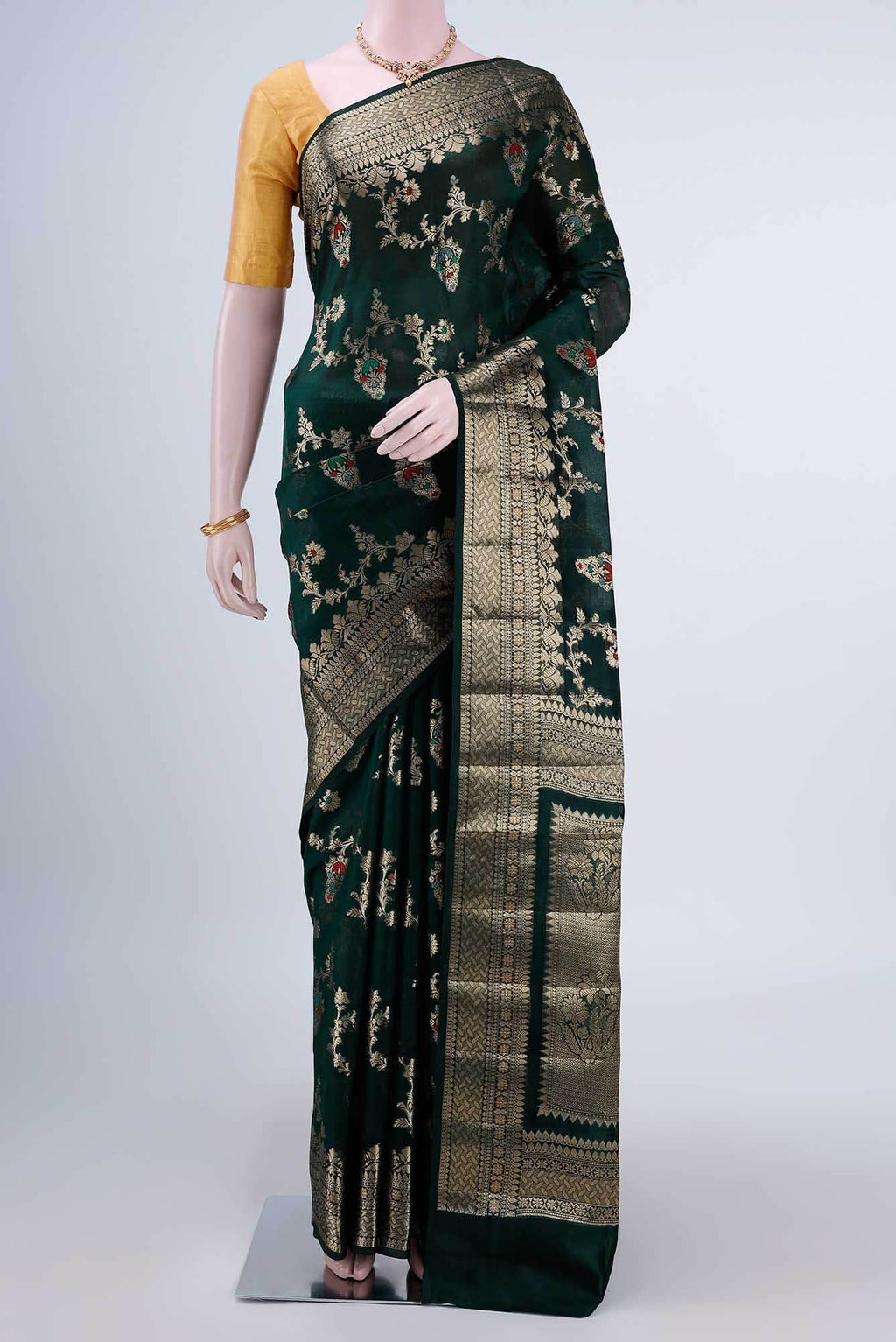 Bottle Green Banarasi Raw Silk Saree