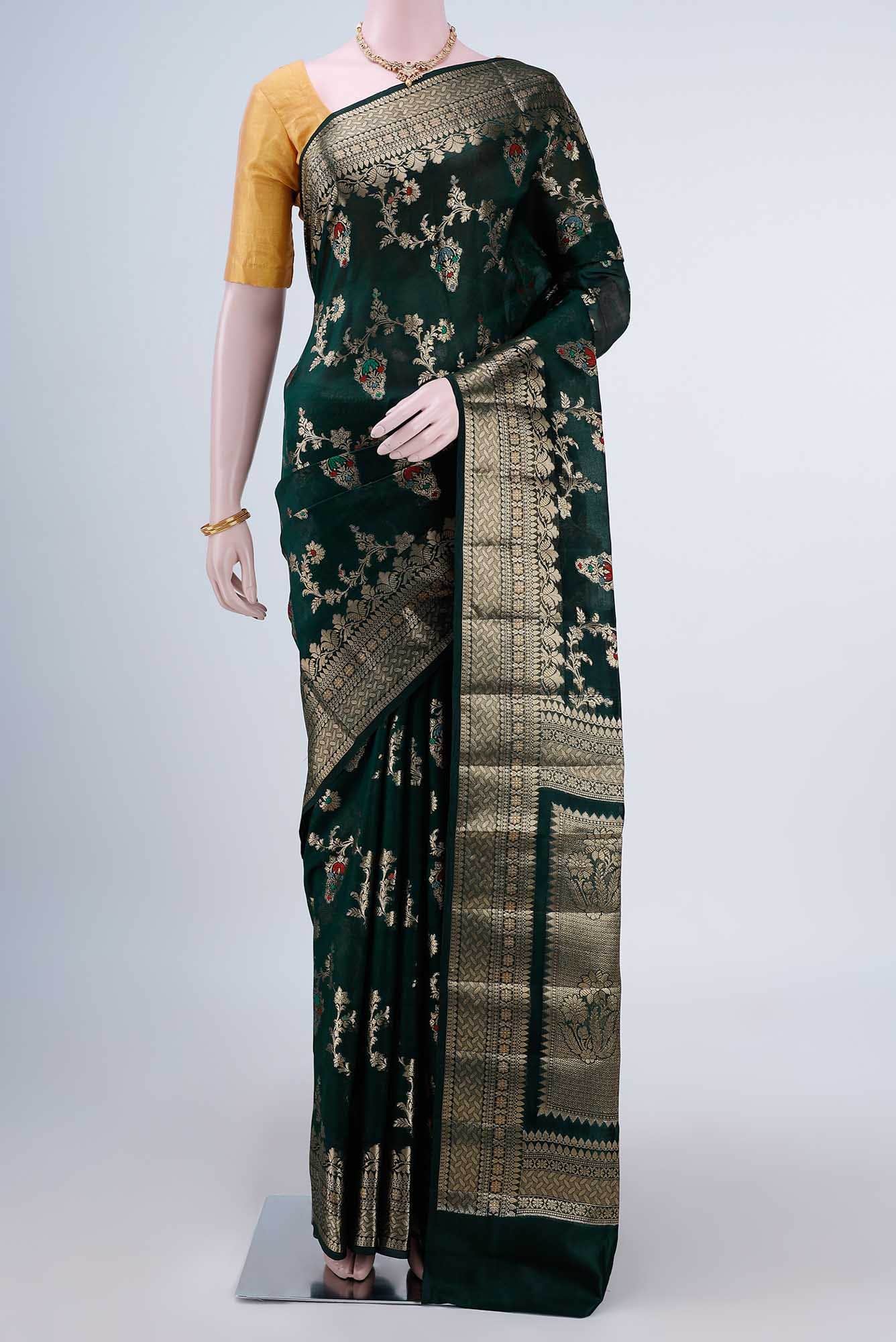 Bottle Green Banarasi Raw Silk Saree