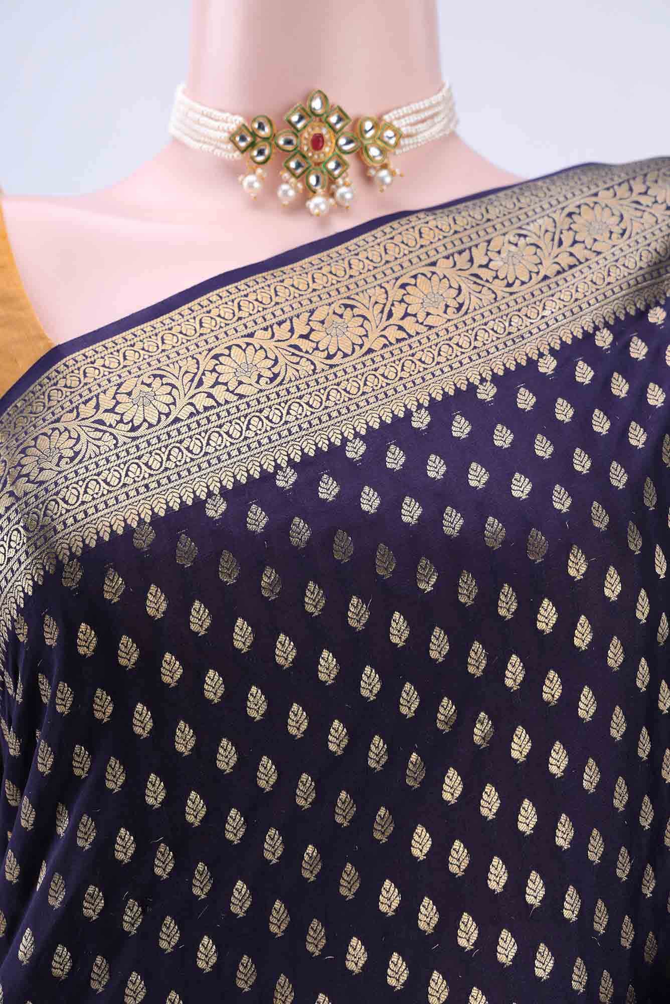 Navy Blue Mysore Crepe Saree